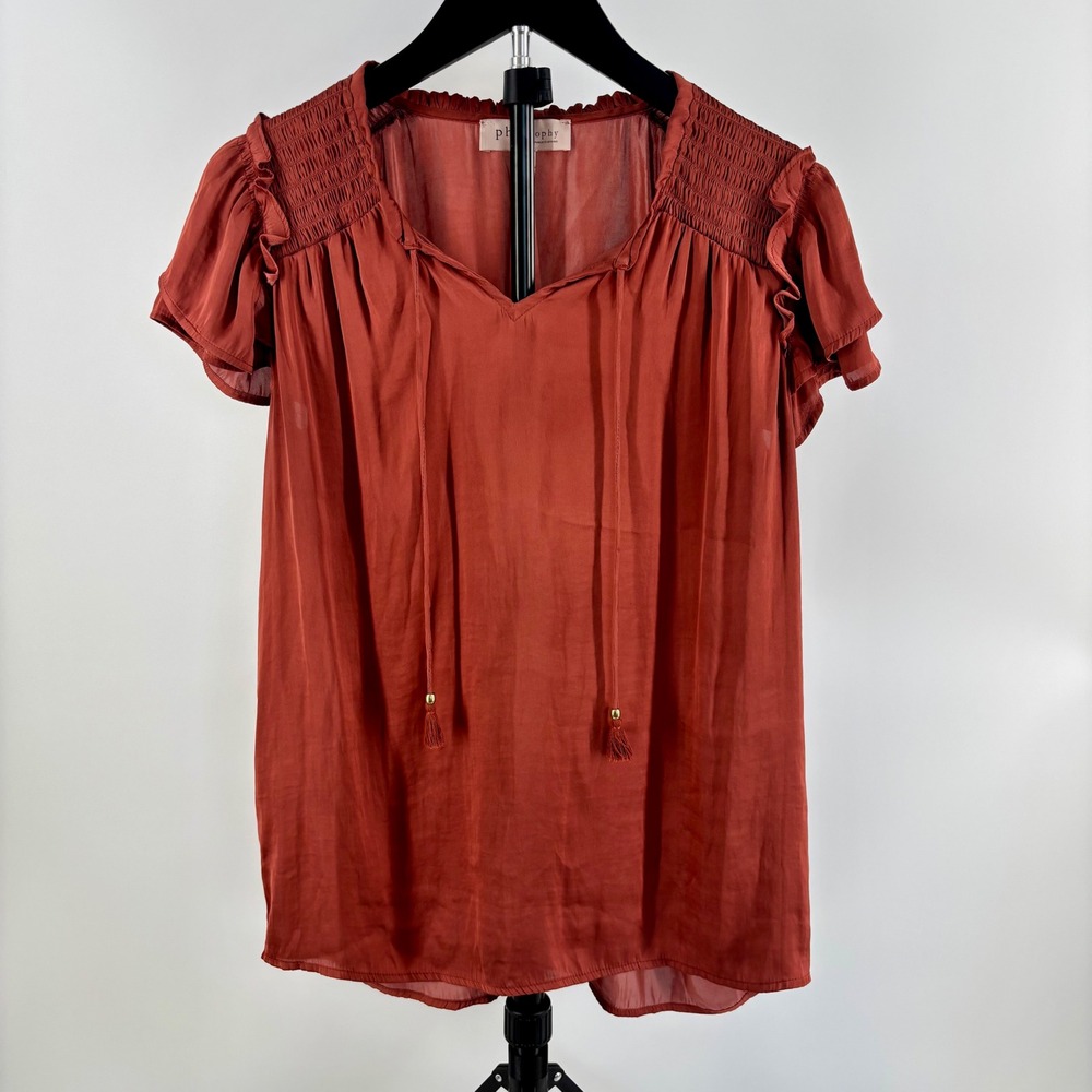 Philosophy Republic Clothing Rust Orange Smocked Ruffle Blouse V-Neck Tassel M